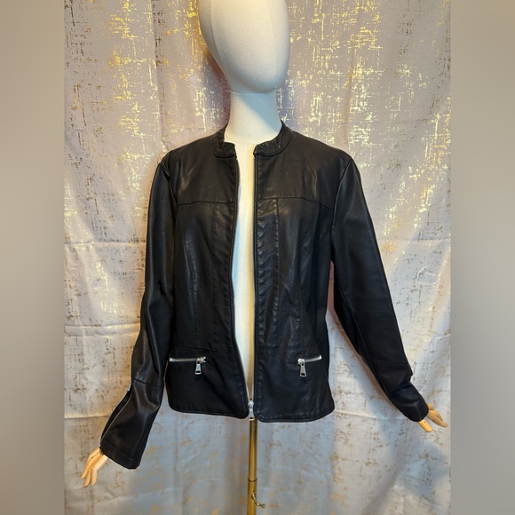 Baccini Jackets & Blazers - Baccini Black Faux Leather Jacket with Silver Accents Peplum bottom